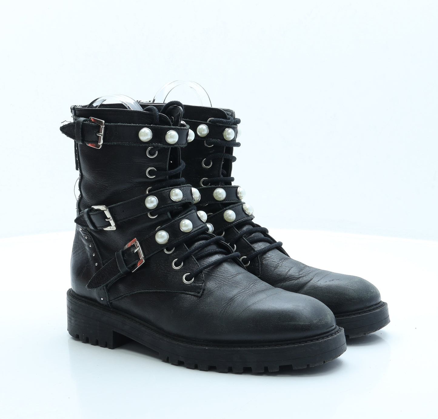Zara Womens Black Faux Leather Combat Boot UK 4 EUR 37