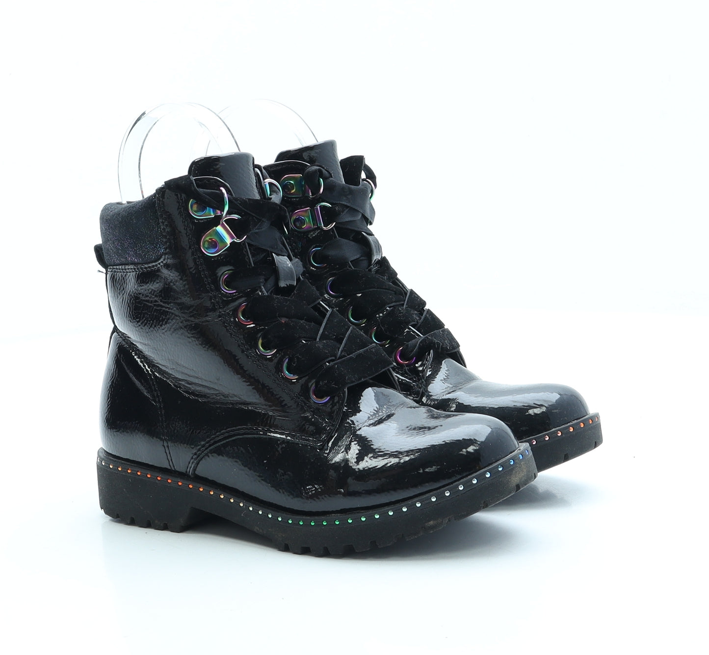 F&F Girls Black Faux Leather Combat Boot UK 13