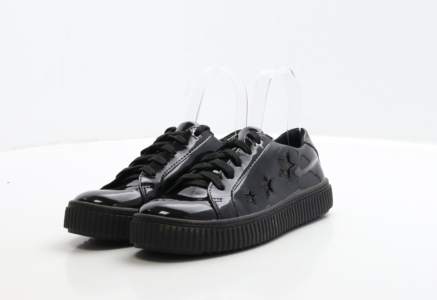 TU Girls Black PVC Trainer Casual UK 2 34 - Star Detail
