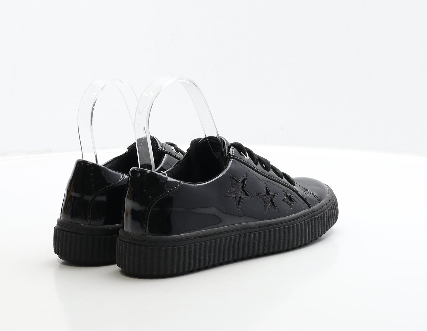 TU Girls Black PVC Trainer Casual UK 2 34 - Star Detail