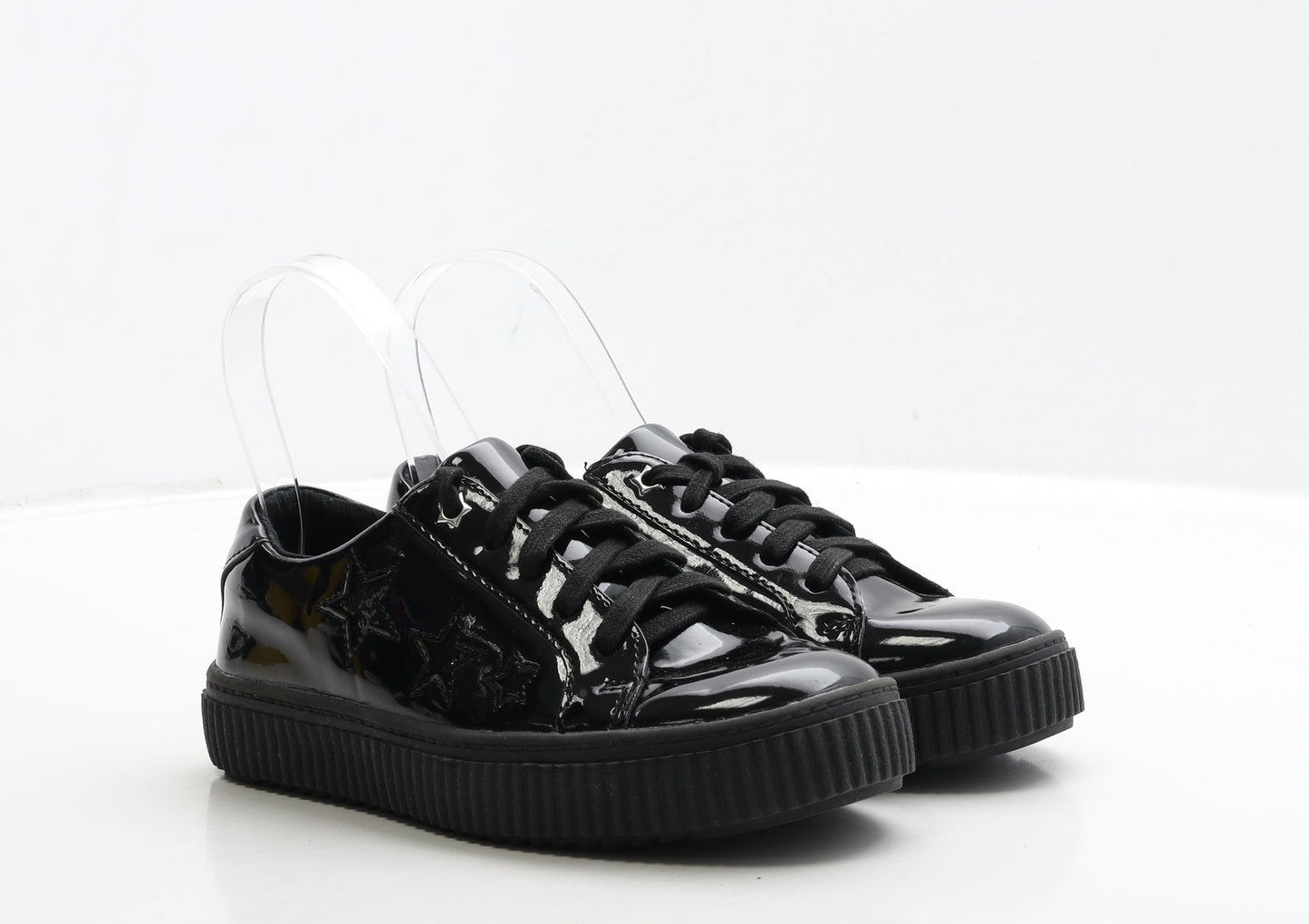 TU Girls Black PVC Trainer Casual UK 2 34 - Star Detail