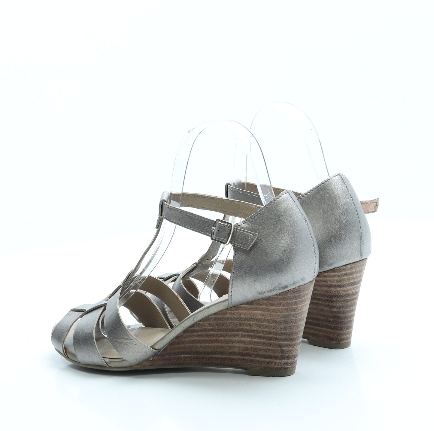 FootGlove Womens Silver Leather Strappy Heel UK 5 - Wide Fit