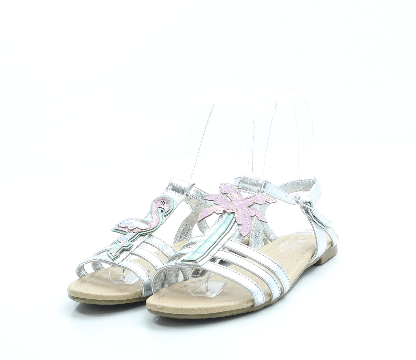Marks and Spencer Girls Silver Leather Strappy Sandal UK 1 33 - Palm Tree