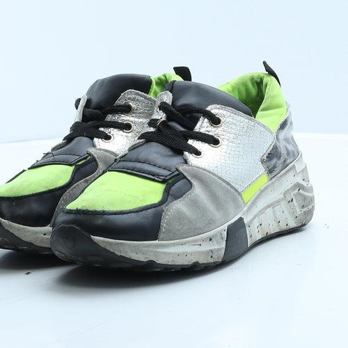 Preworn Girls Green Colourblock Polyester Trainer UK 7