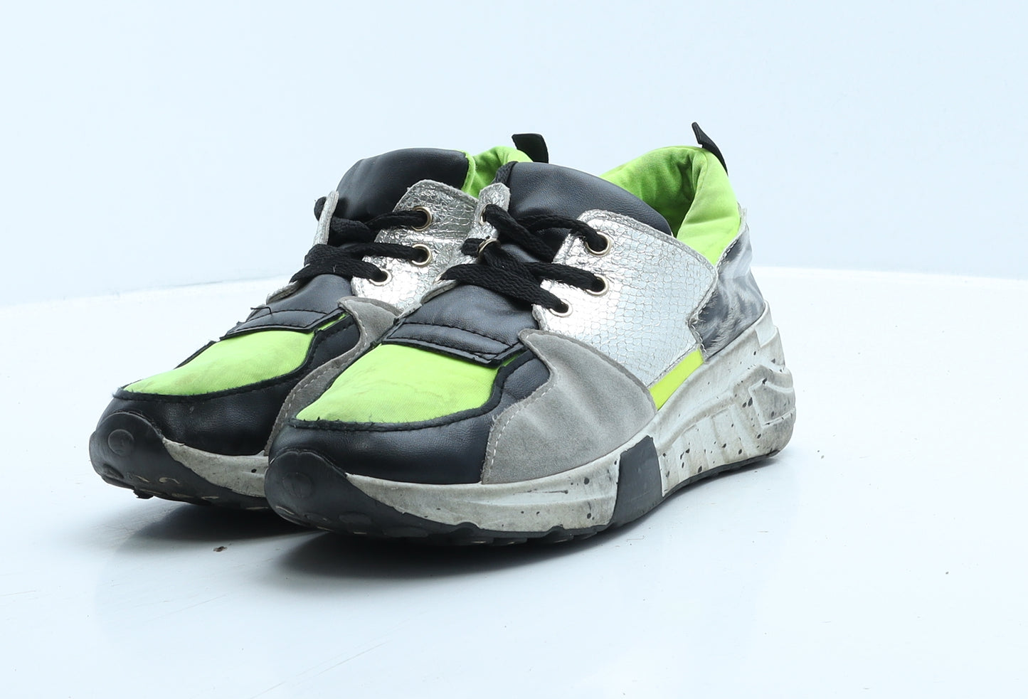 Preworn Girls Green Colourblock Polyester Trainer UK 7