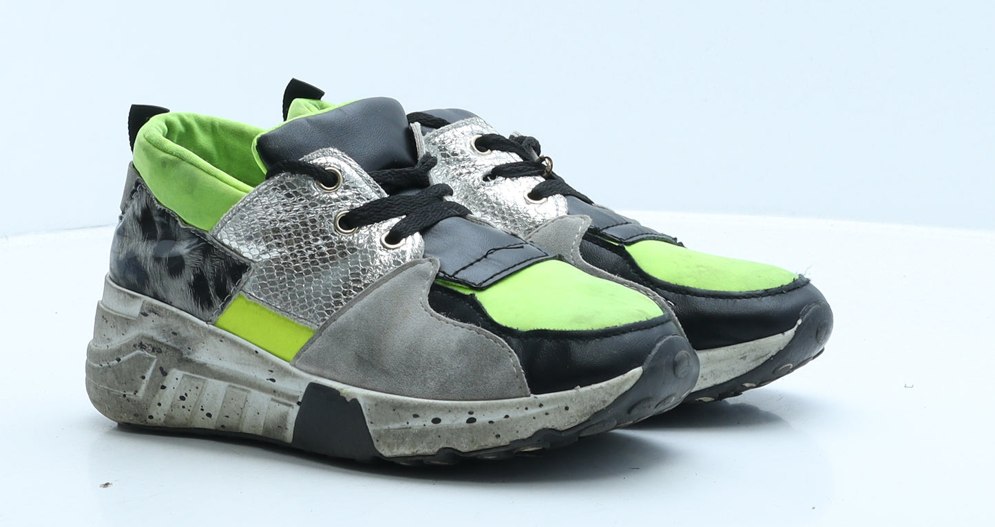 Preworn Girls Green Colourblock Polyester Trainer UK 7