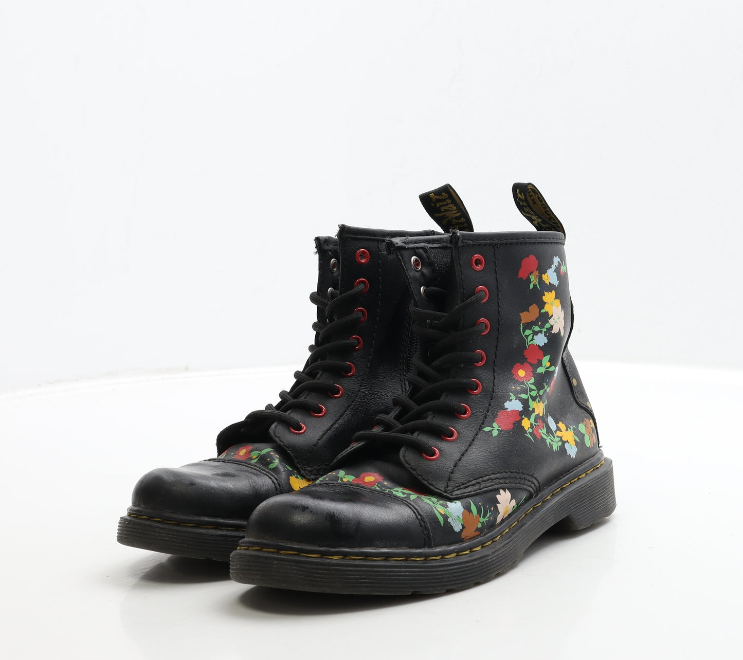Dr. Martens Girls Black Floral Leather Bootie Boot UK 1.5 33