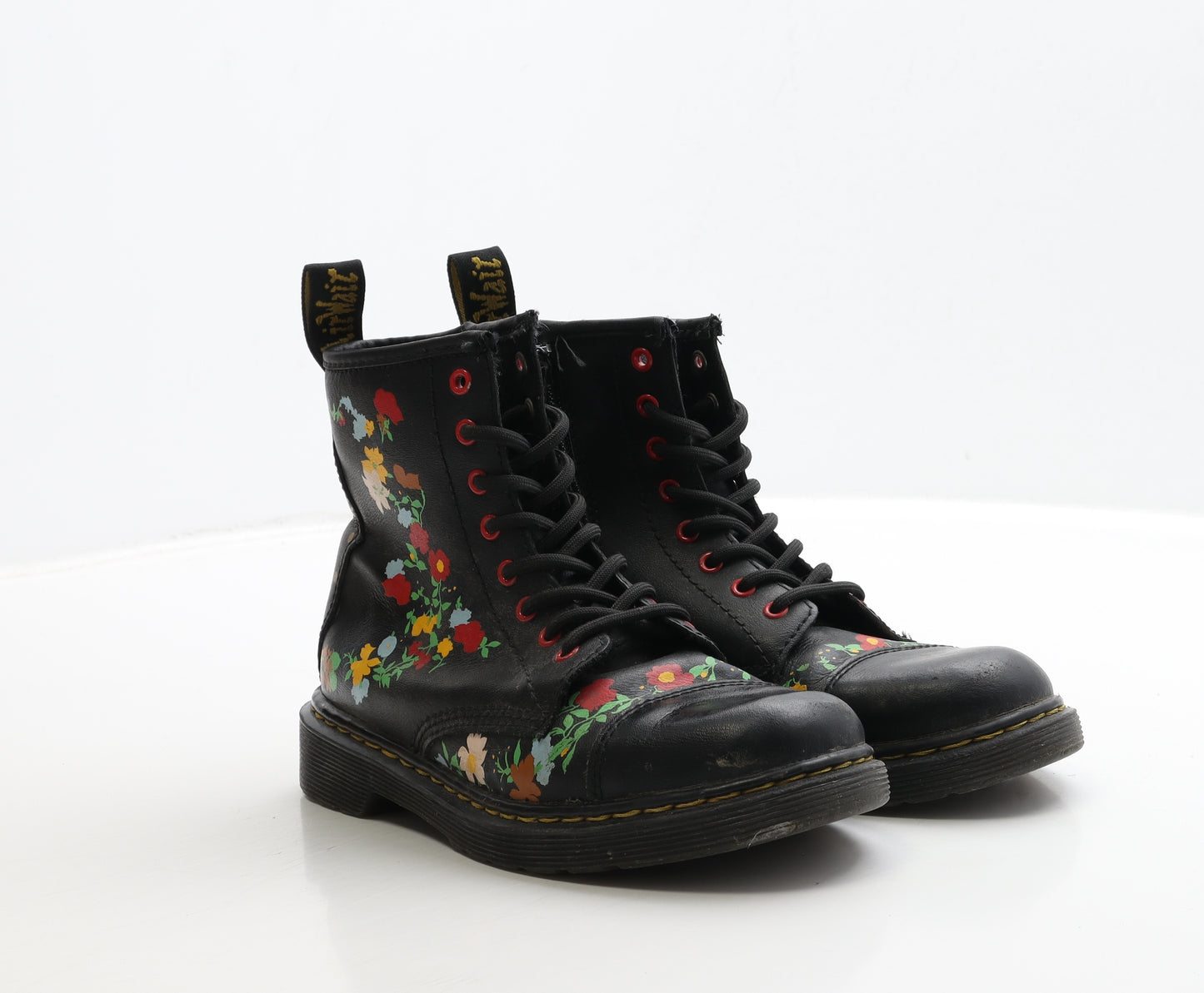 Dr. Martens Girls Black Floral Leather Bootie Boot UK 1.5 33