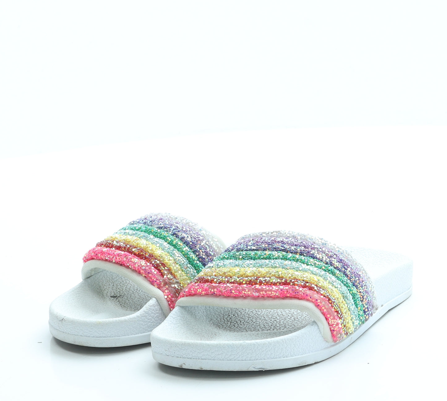 NEXT Girls White Striped Rubber Slider Sandal UK 9 26 - Rainbow