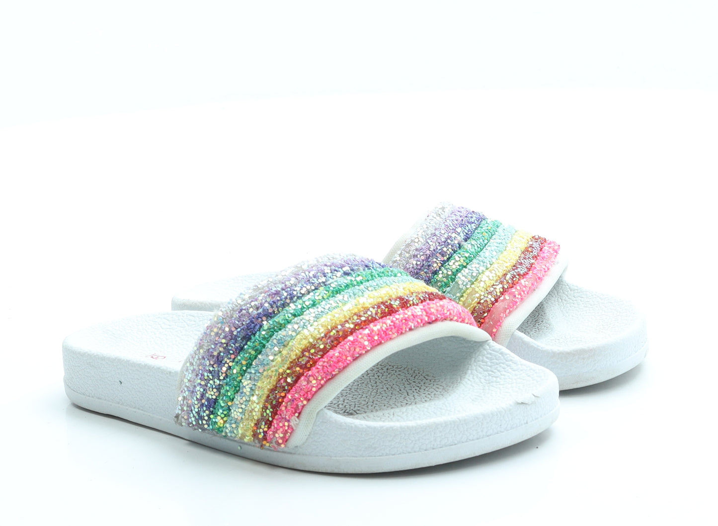 NEXT Girls White Striped Rubber Slider Sandal UK 9 26 - Rainbow