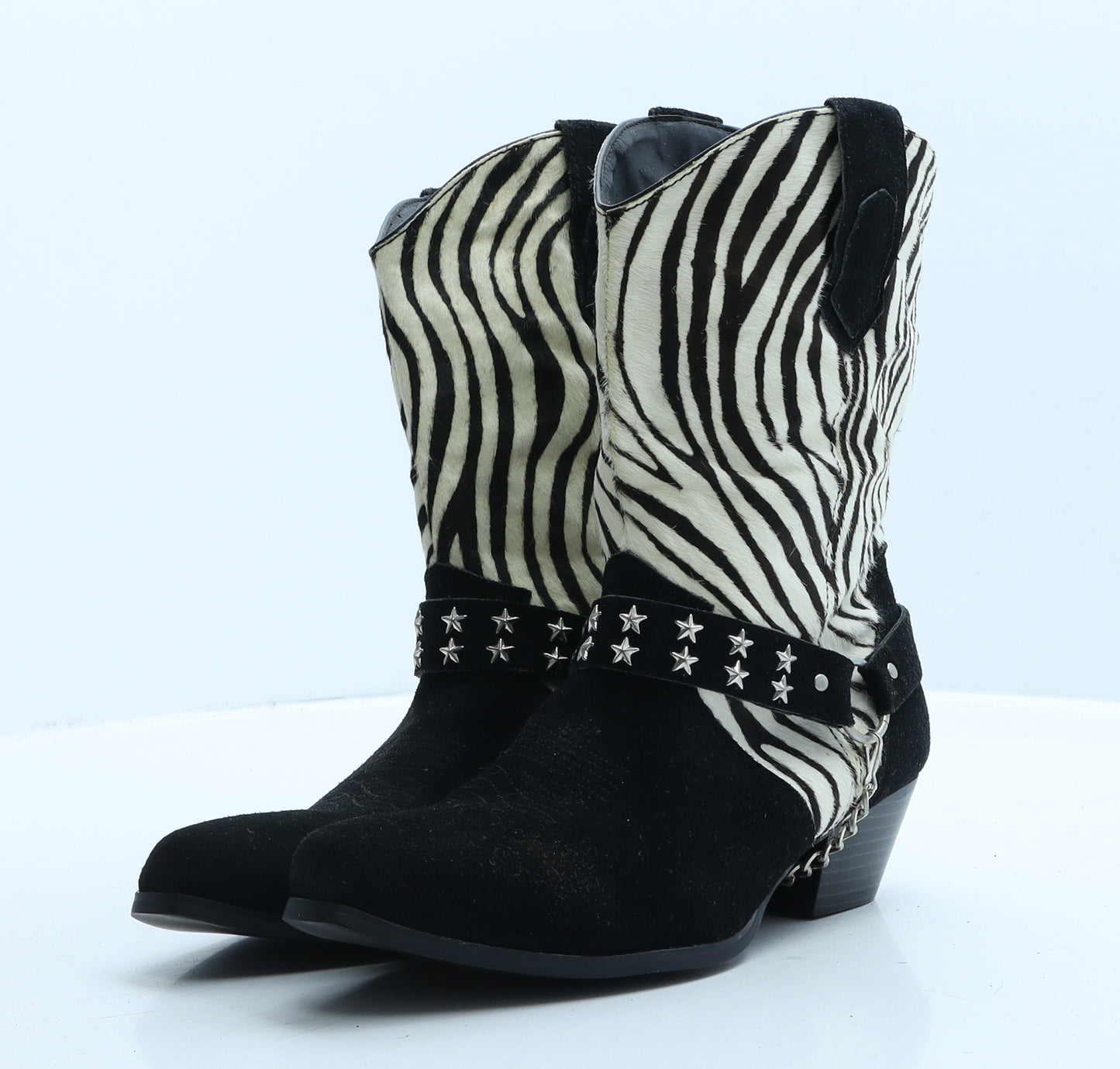 Preworn Womens Black Animal Print Leather Cowboy Boot UK 8 - Zebra Print, Stars