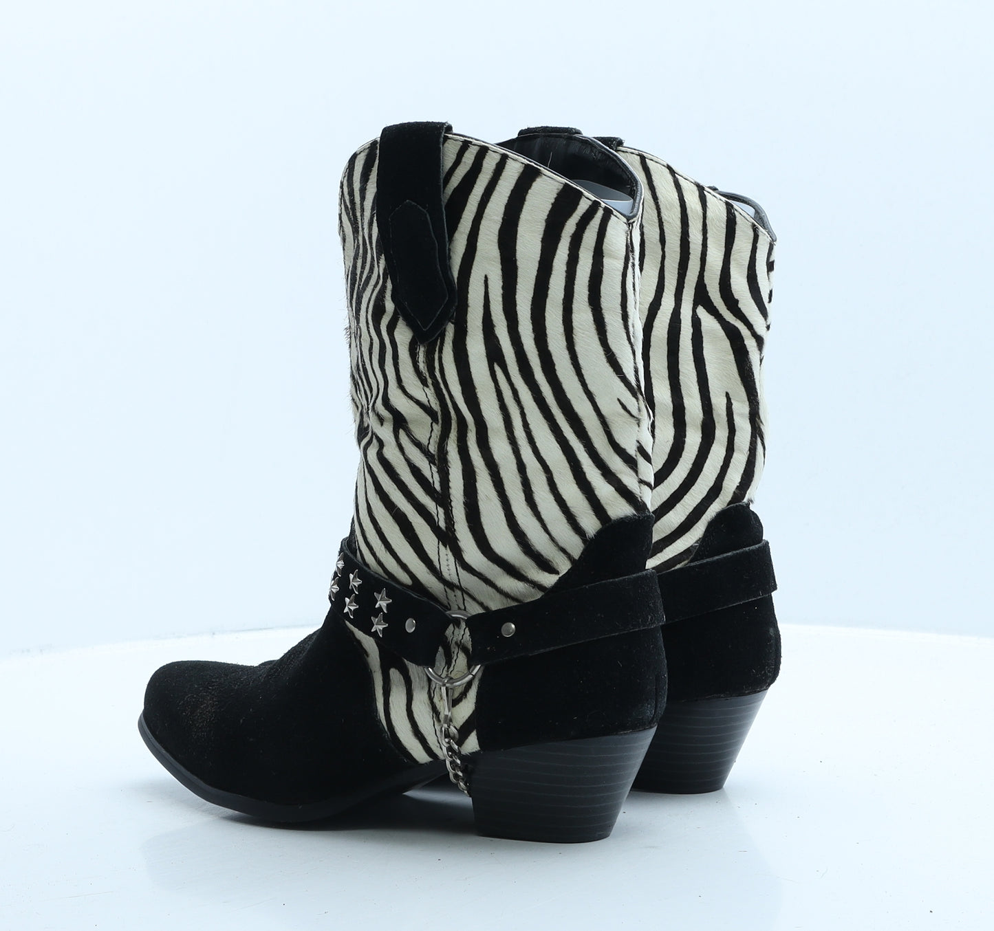 Preworn Womens Black Animal Print Leather Cowboy Boot UK 8 - Zebra Print, Stars
