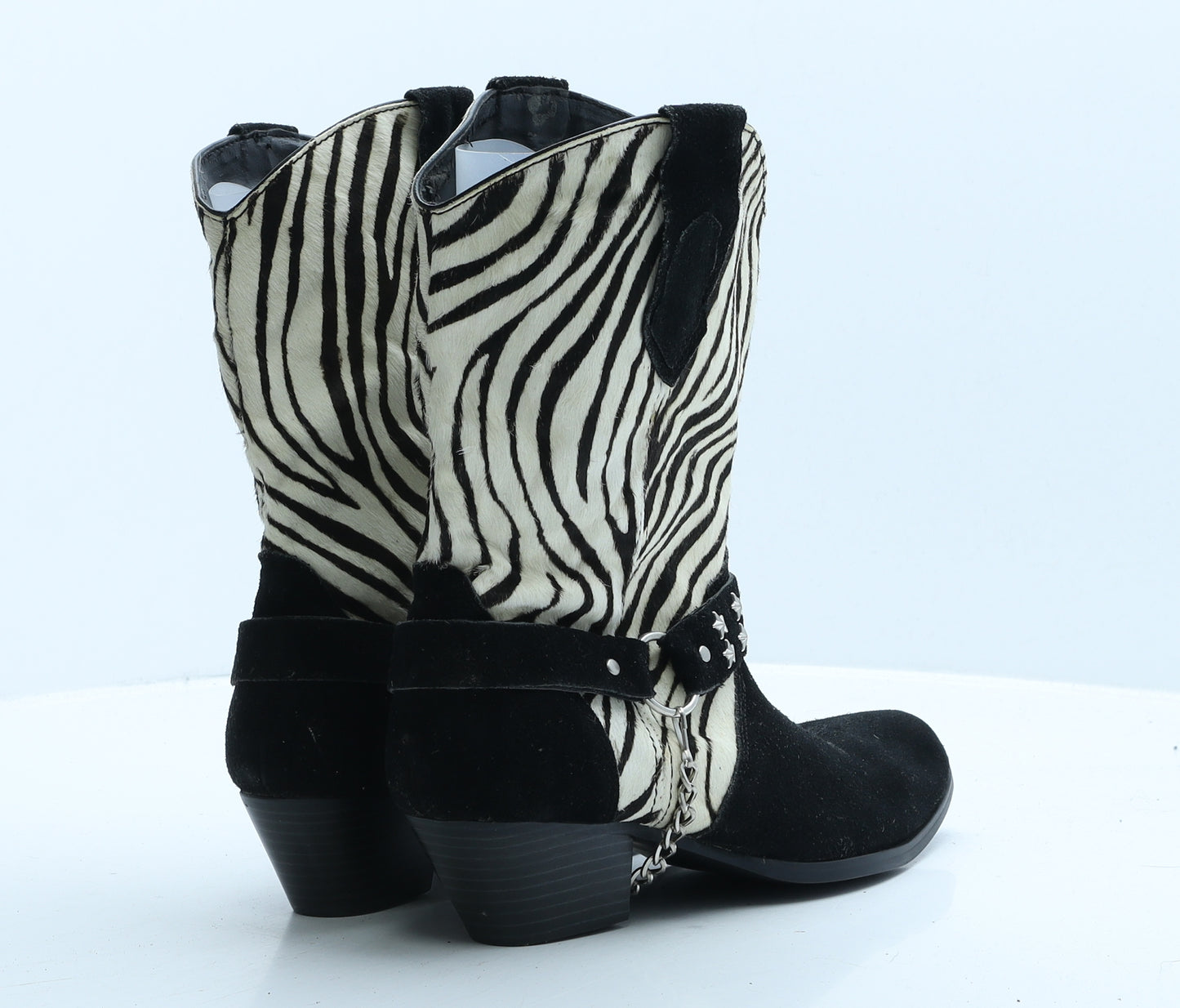 Preworn Womens Black Animal Print Leather Cowboy Boot UK 8 - Zebra Print, Stars