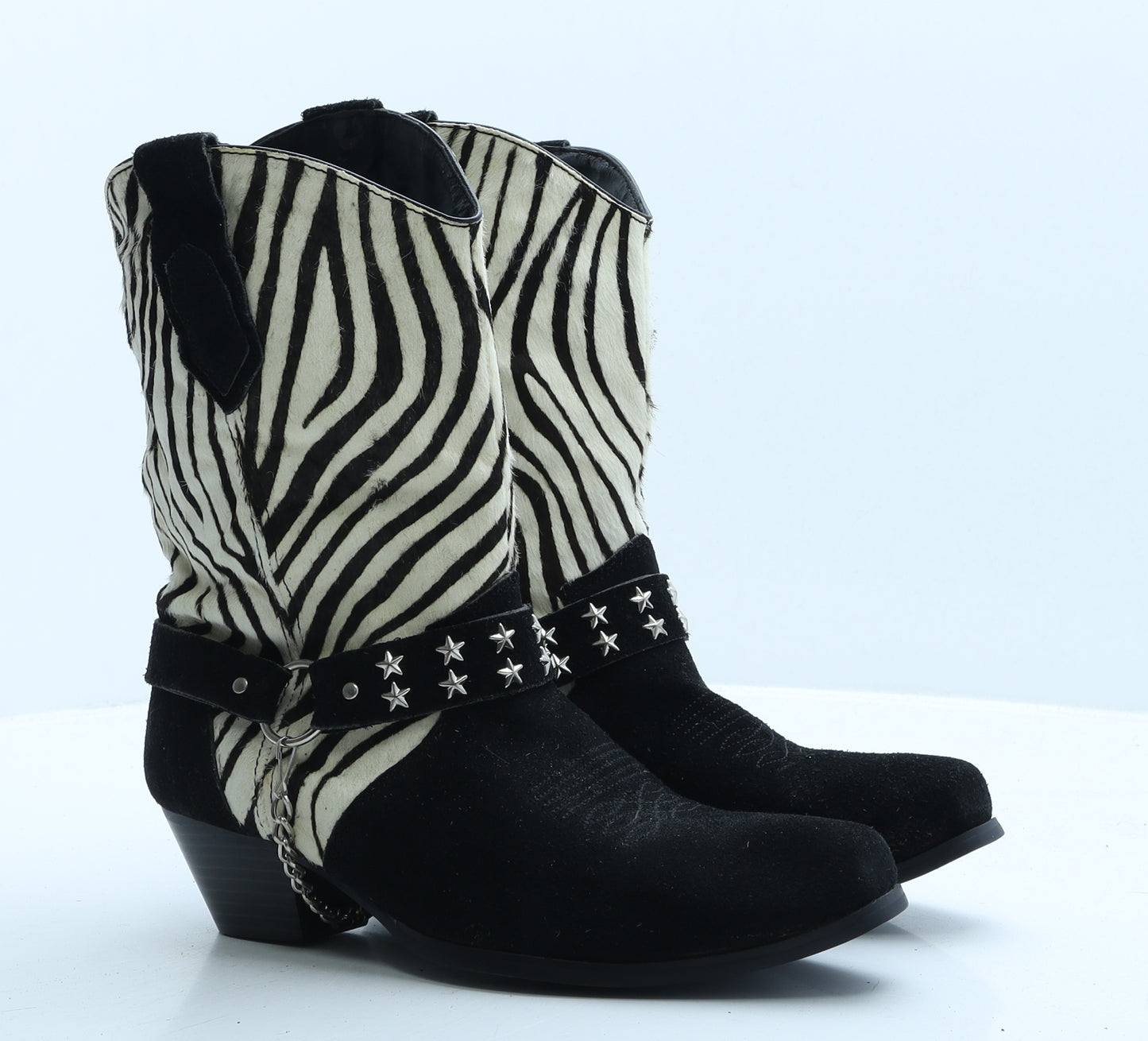 Preworn Womens Black Animal Print Leather Cowboy Boot UK 8 - Zebra Print, Stars
