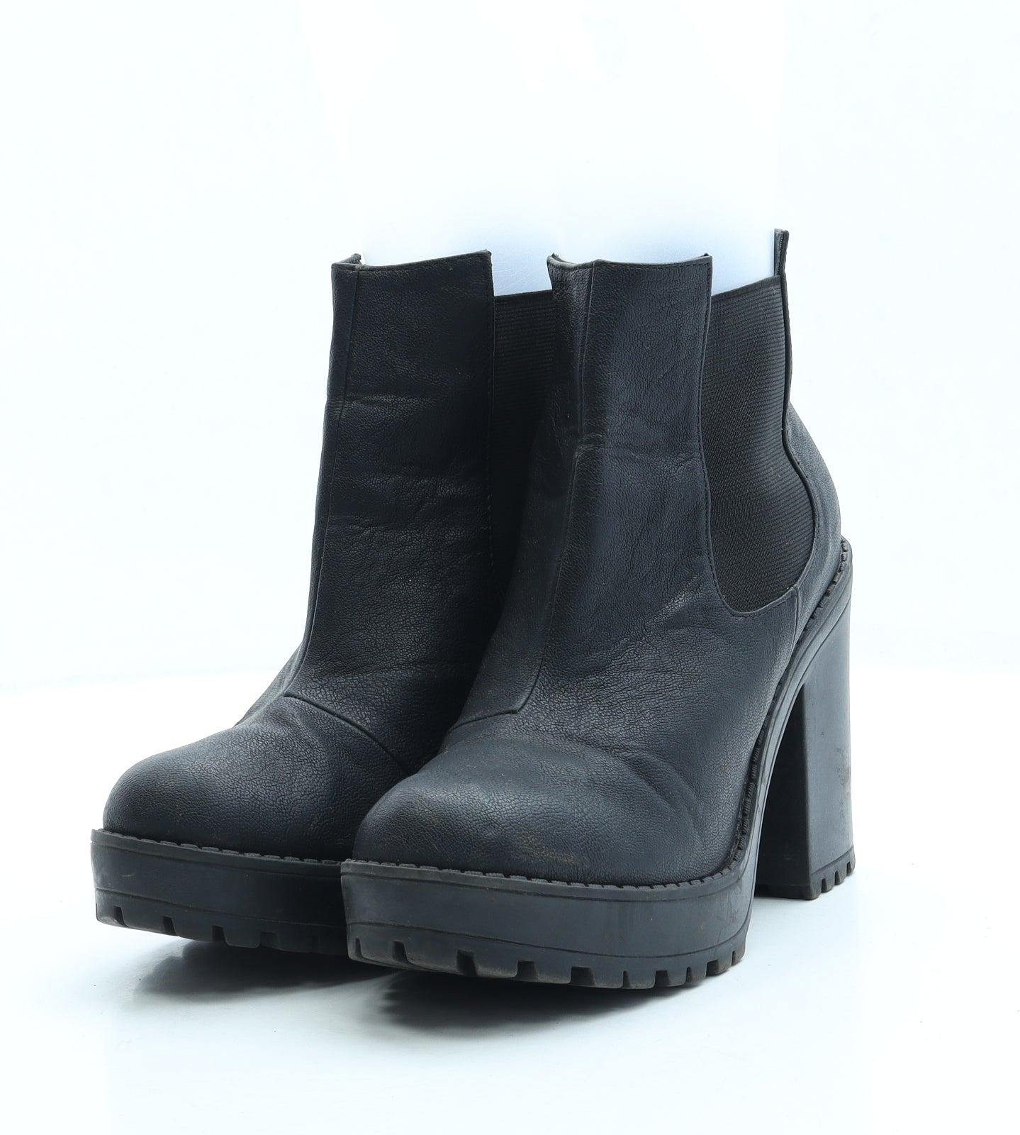 H&M Womens Black Leather Bootie Boot UK 4 37 - Block Heel