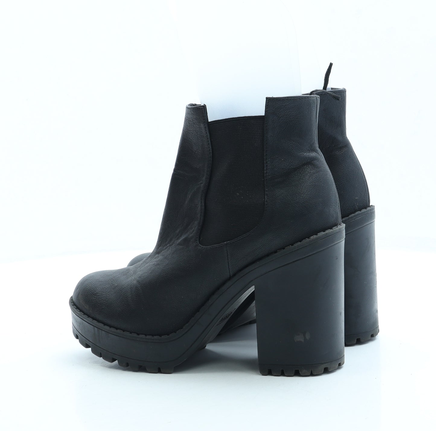 H&M Womens Black Leather Bootie Boot UK 4 37 - Block Heel