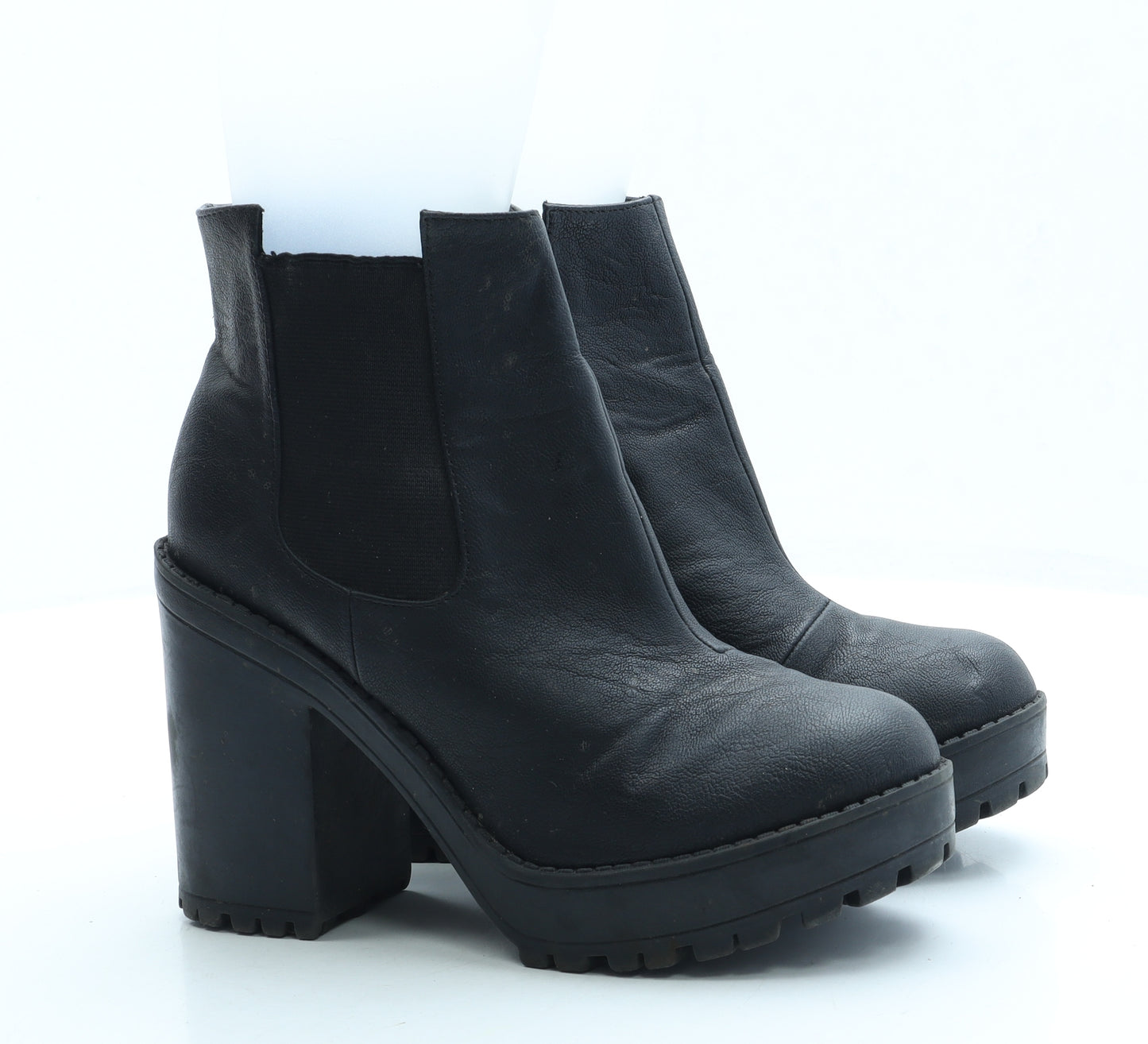 H&M Womens Black Leather Bootie Boot UK 4 37 - Block Heel