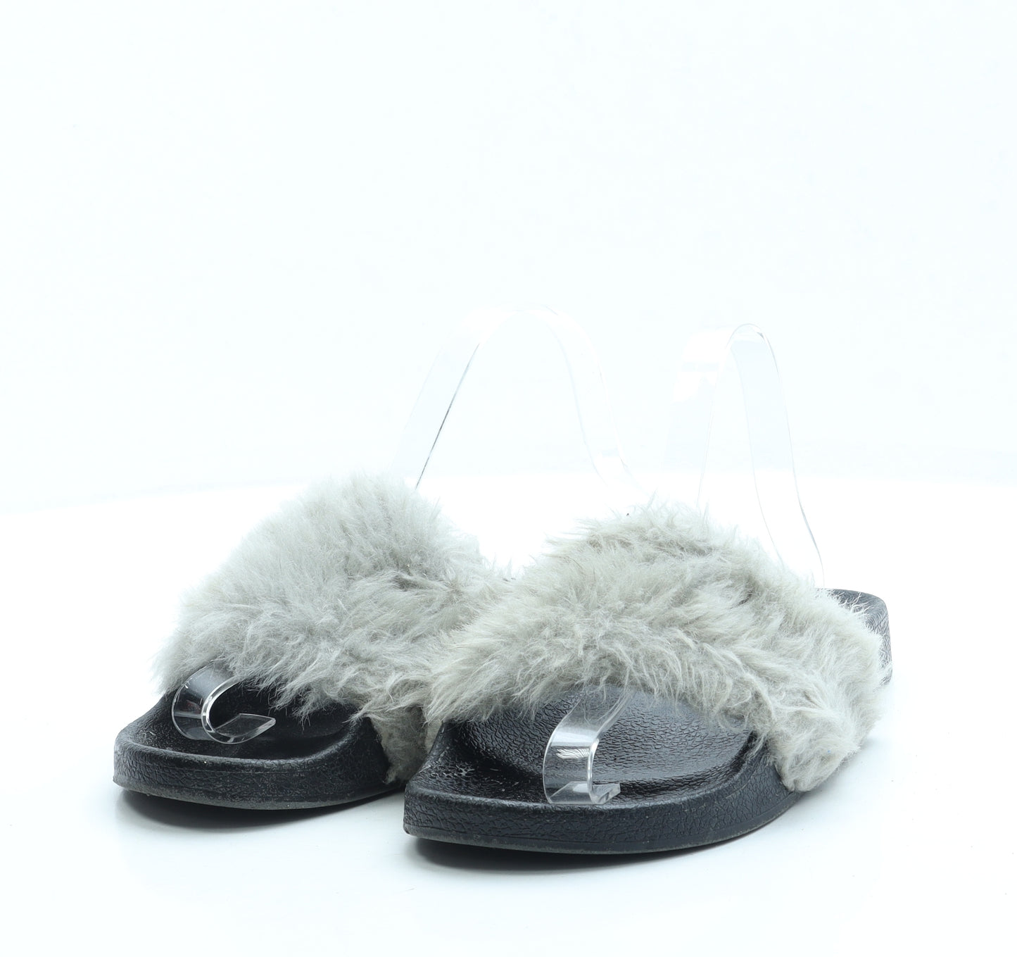River Island Womens Black Faux Fur Slider Sandal UK 6 39
