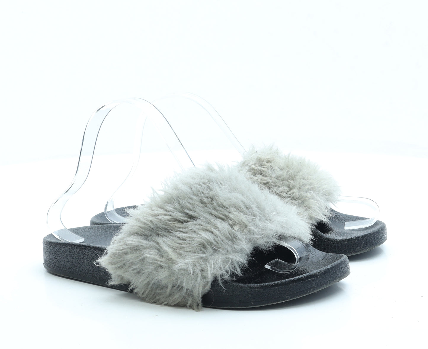 River Island Womens Black Faux Fur Slider Sandal UK 6 39