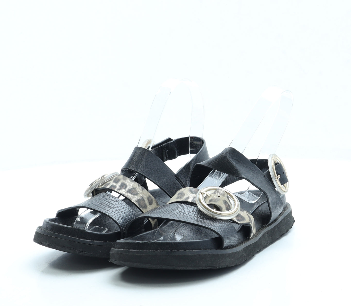 George Girls Black Animal Print Leather Strappy Sandal UK 2 34 - Leopard Print
