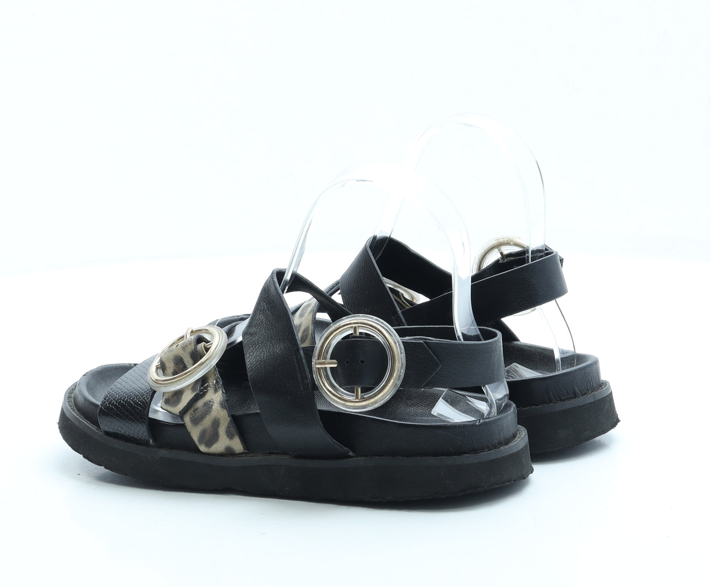 George Girls Black Animal Print Leather Strappy Sandal UK 2 34 - Leopard Print