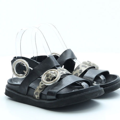 George Girls Black Animal Print Leather Strappy Sandal UK 2 34 - Leopard Print