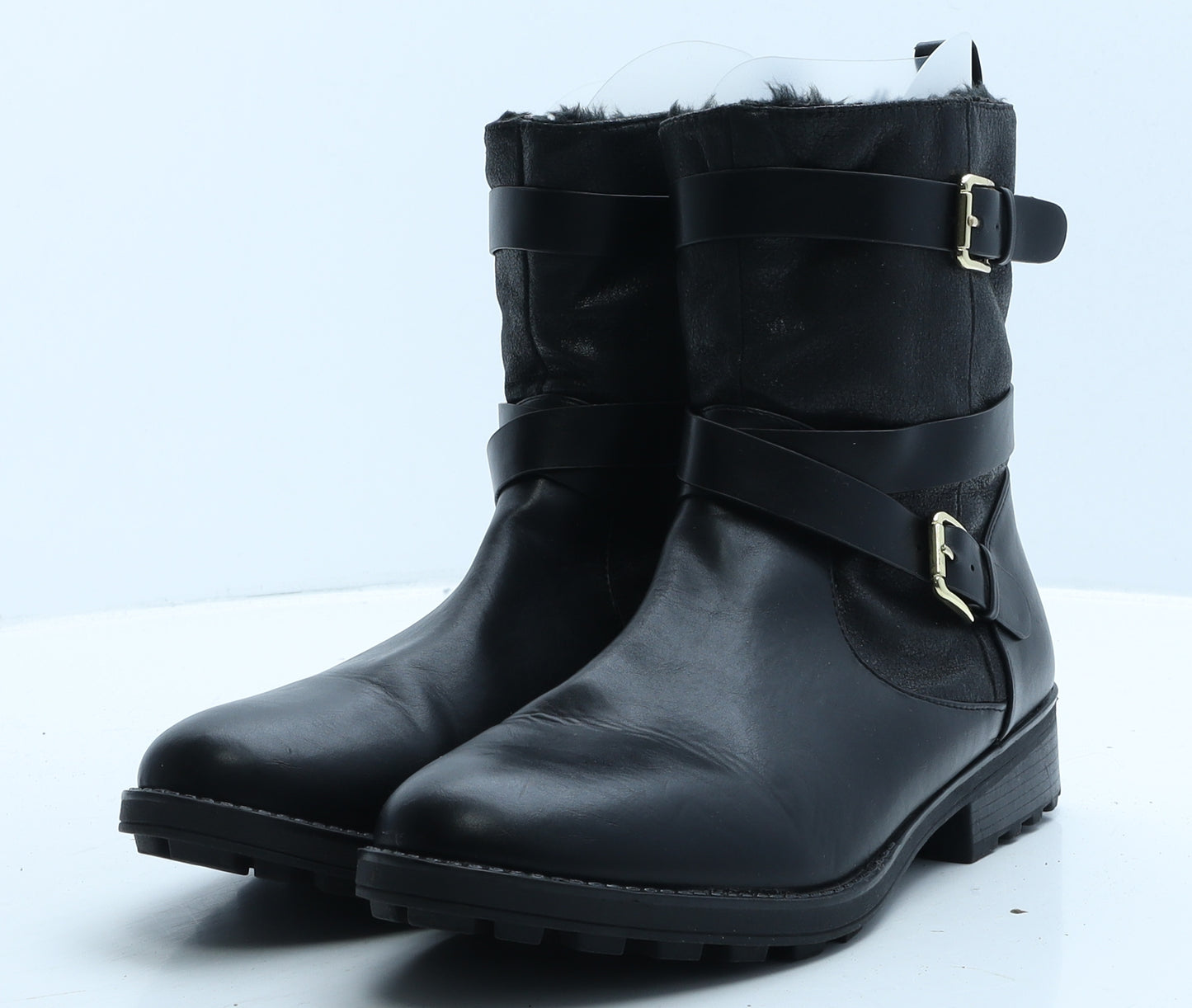 F&F Womens Black Leather Biker Boot UK 8 42