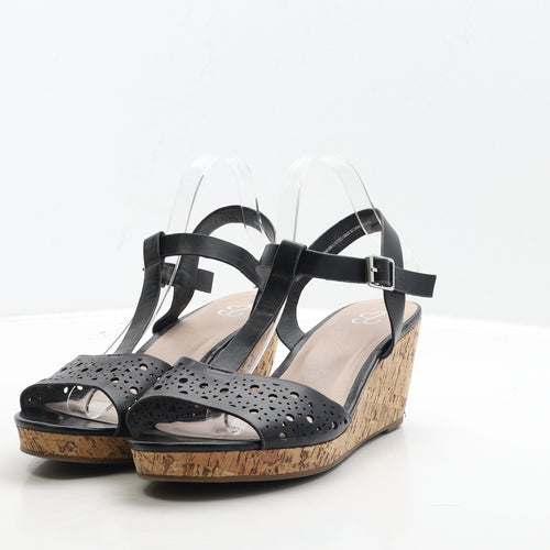 Preworn Womens Black Geometric Leather Strappy Heel UK 8