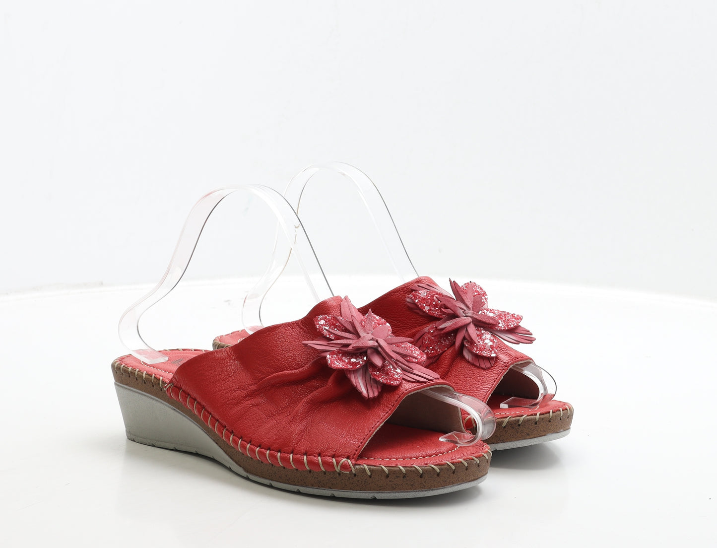 Van-Dal Womens Red Leather Slip On Sandal UK 6 39 - Flower Detail