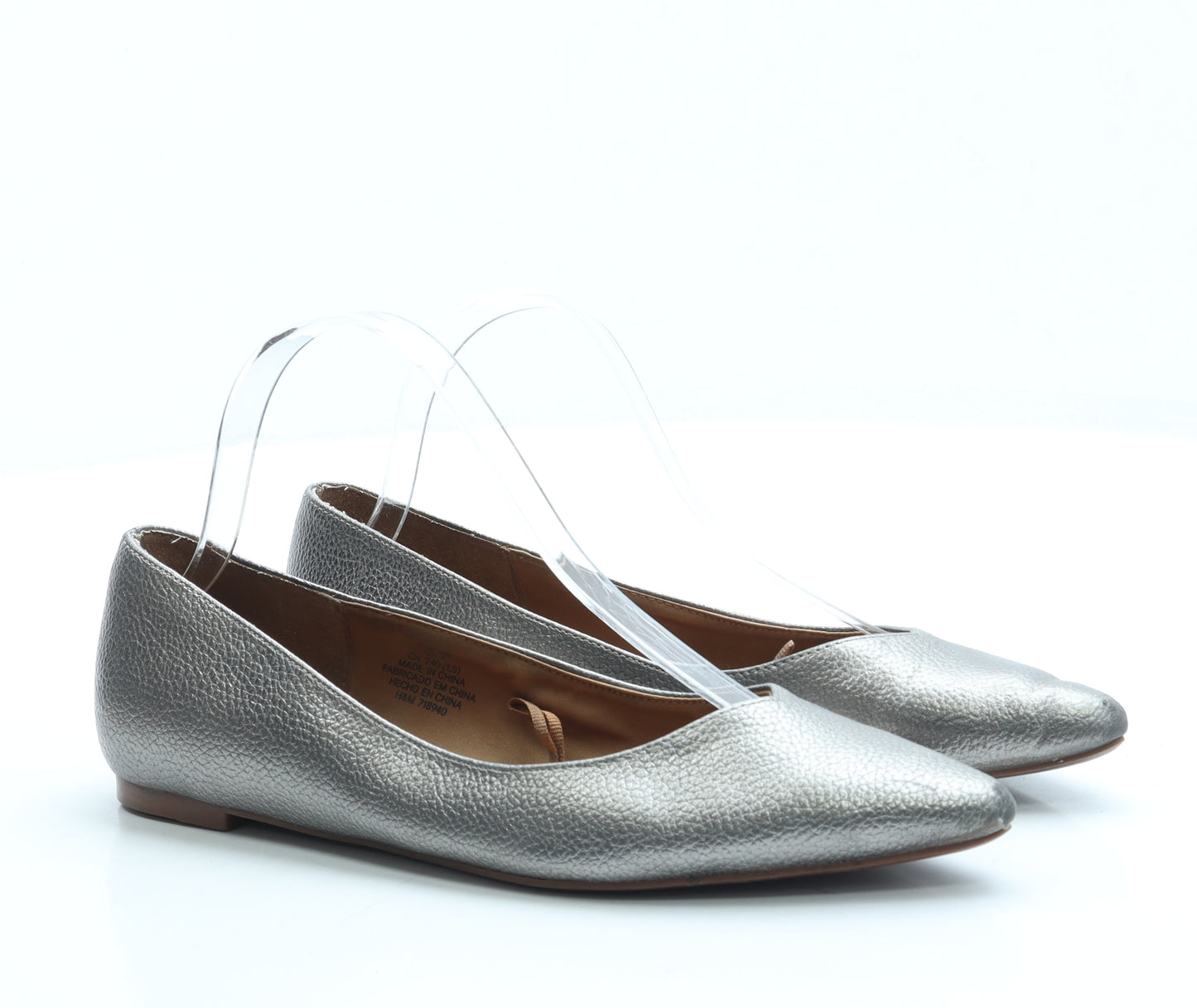 H&M Womens Silver Leather Slip On Flat UK 5 38
