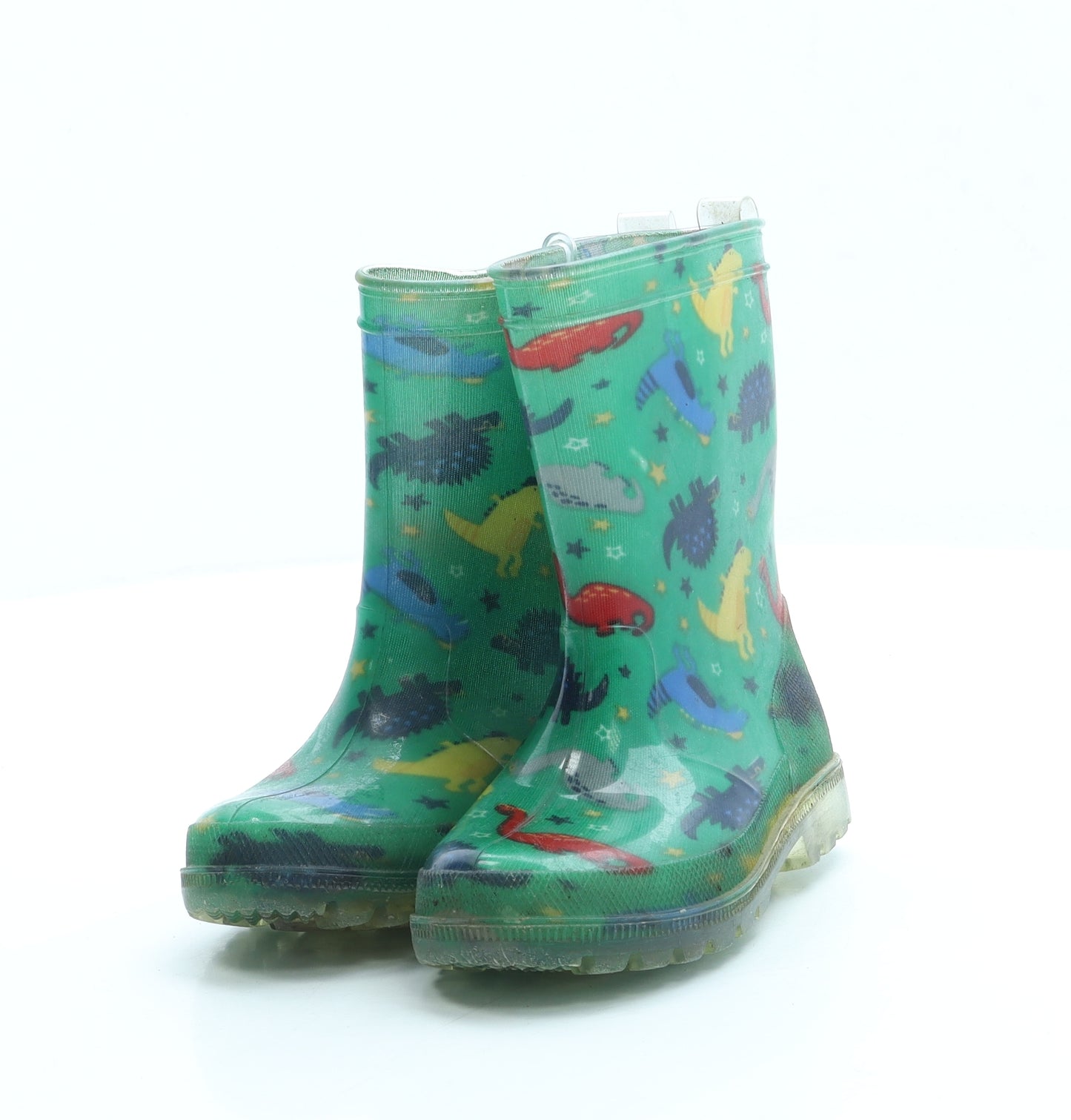 Preworn Boys Green Geometric Rubber Wellies Boot UK 7 - Dinosaur