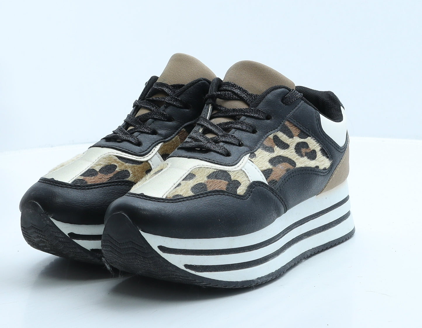 Yageyan Womens Black Animal Print Leather Trainer Casual UK 5 38