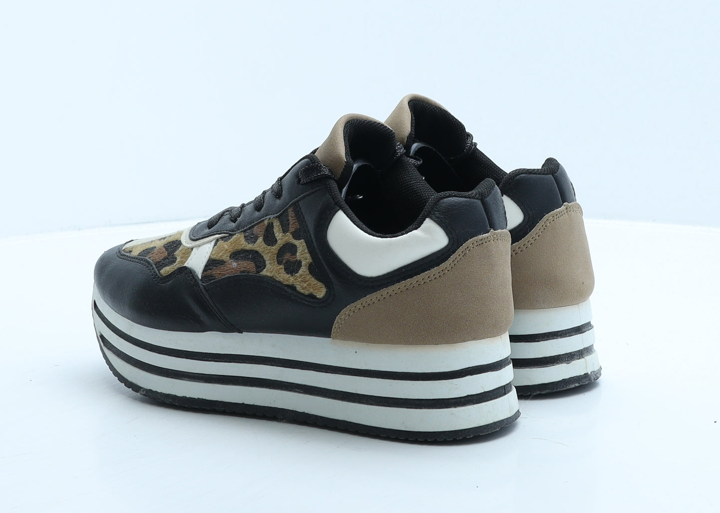 Yageyan Womens Black Animal Print Leather Trainer Casual UK 5 38