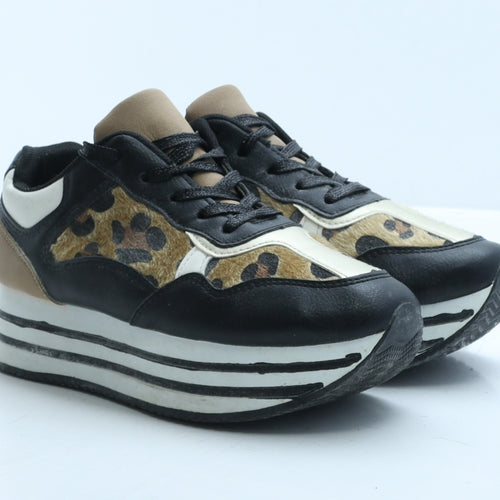 Yageyan Womens Black Animal Print Leather Trainer Casual UK 5 38