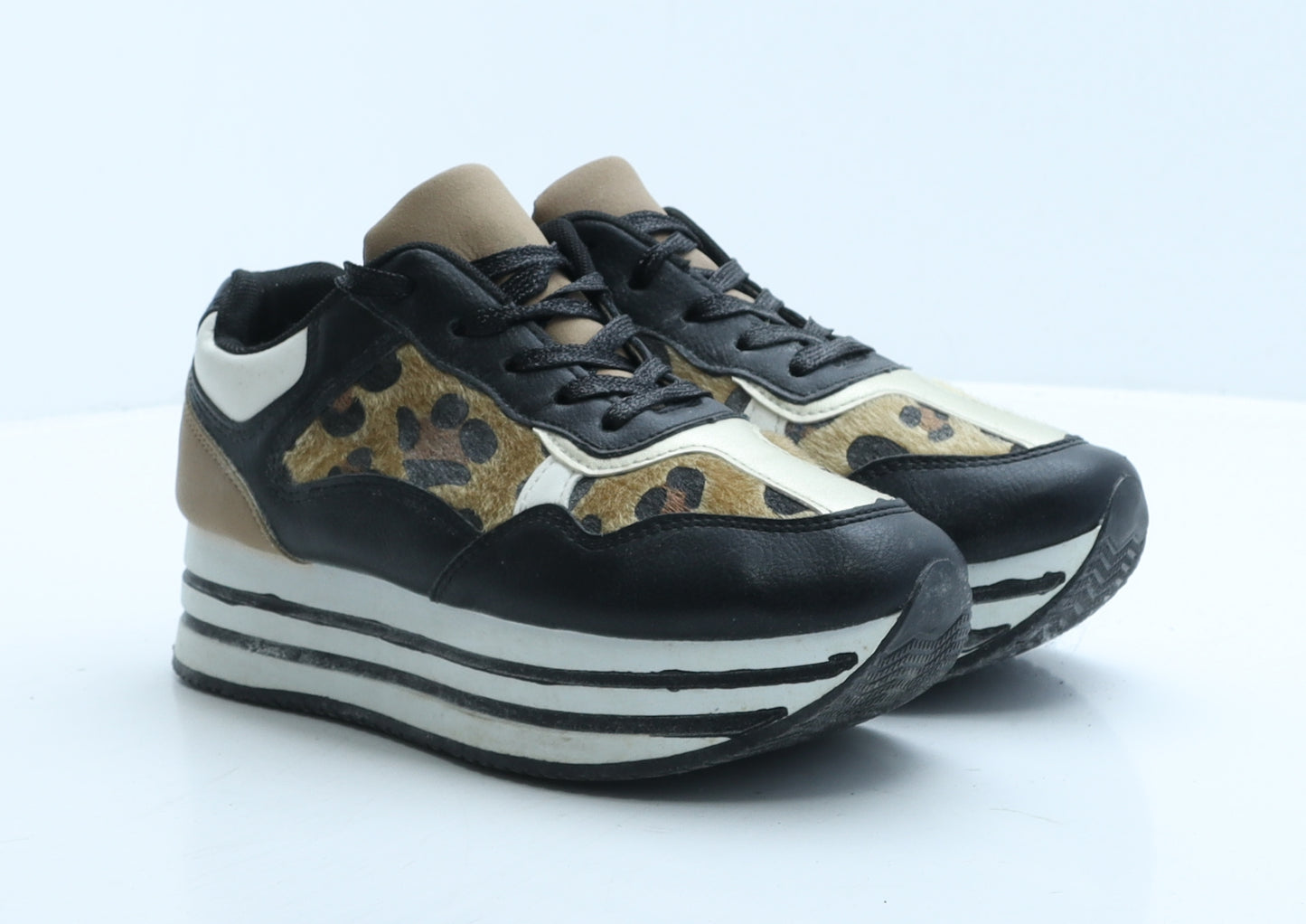 Yageyan Womens Black Animal Print Leather Trainer Casual UK 5 38