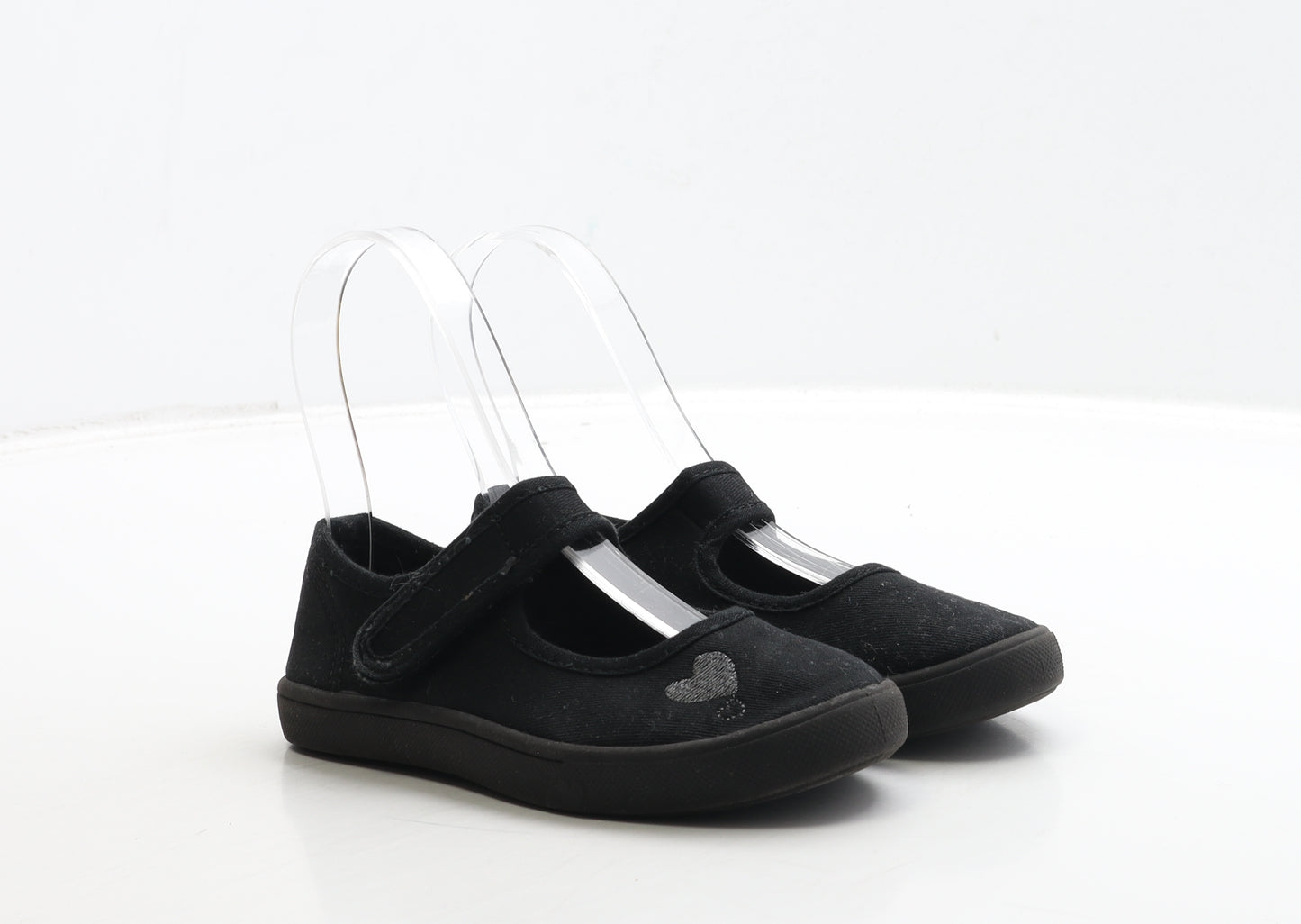 George Girls Black Fabric Mary Jane Flat UK 10 28 - Heart Detail
