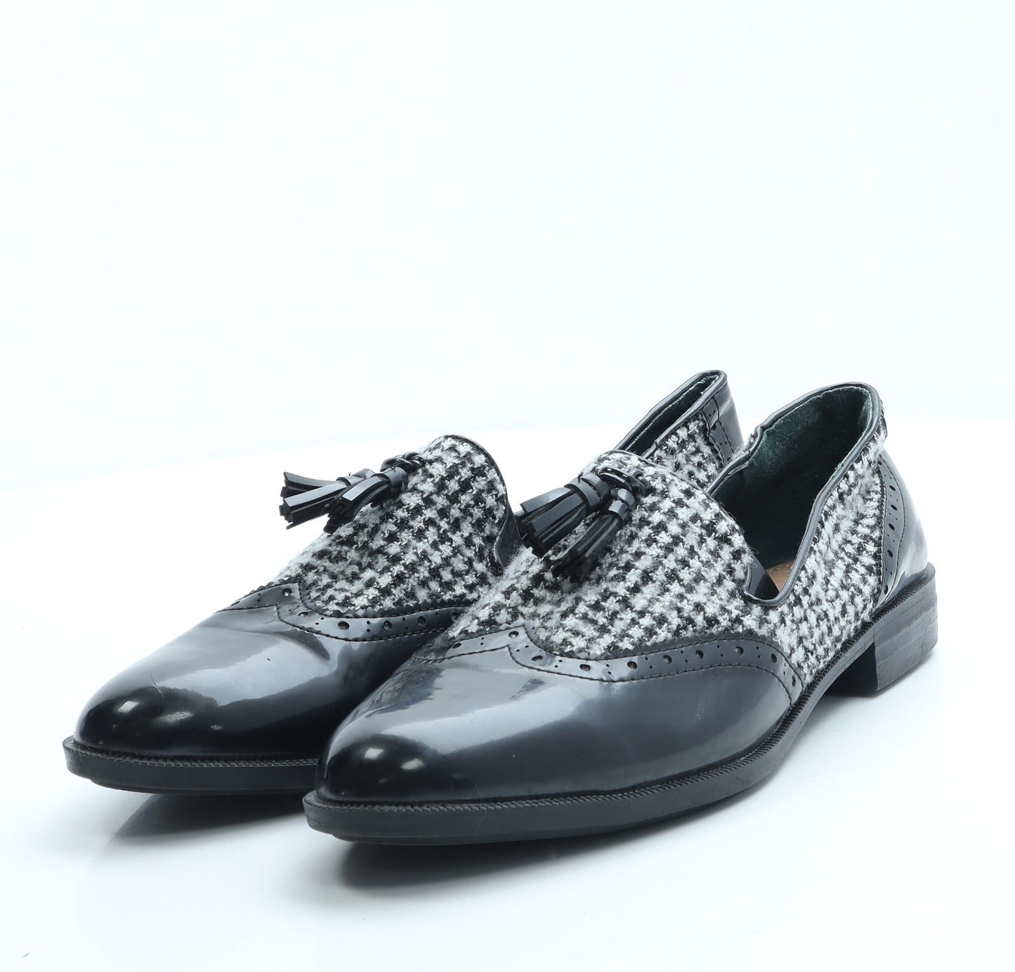 TU Womens Black Houndstooth Polyester Loafer Flat UK 8