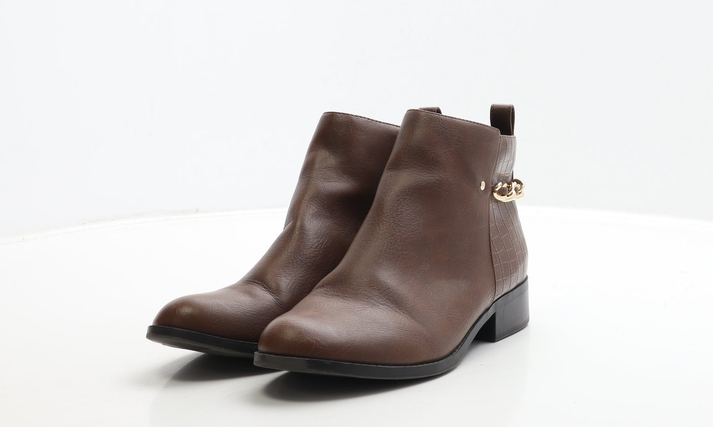 New Look Womens Brown Leather Bootie Boot UK 4 37 - Chain Detail