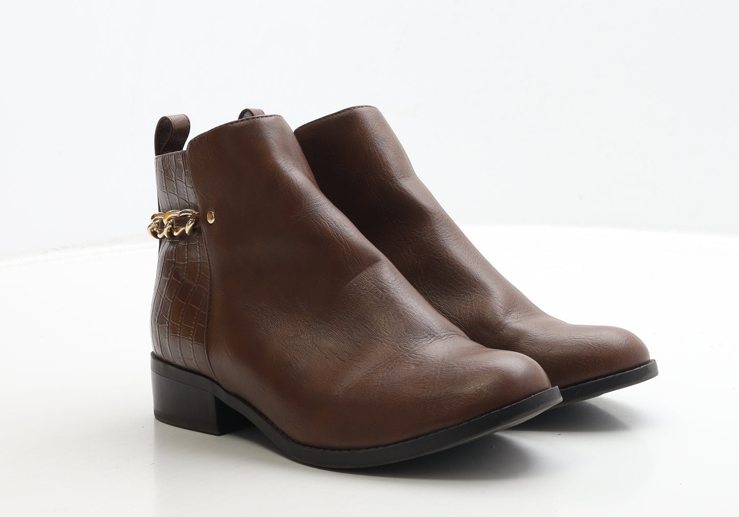 New Look Womens Brown Leather Bootie Boot UK 4 37 - Chain Detail