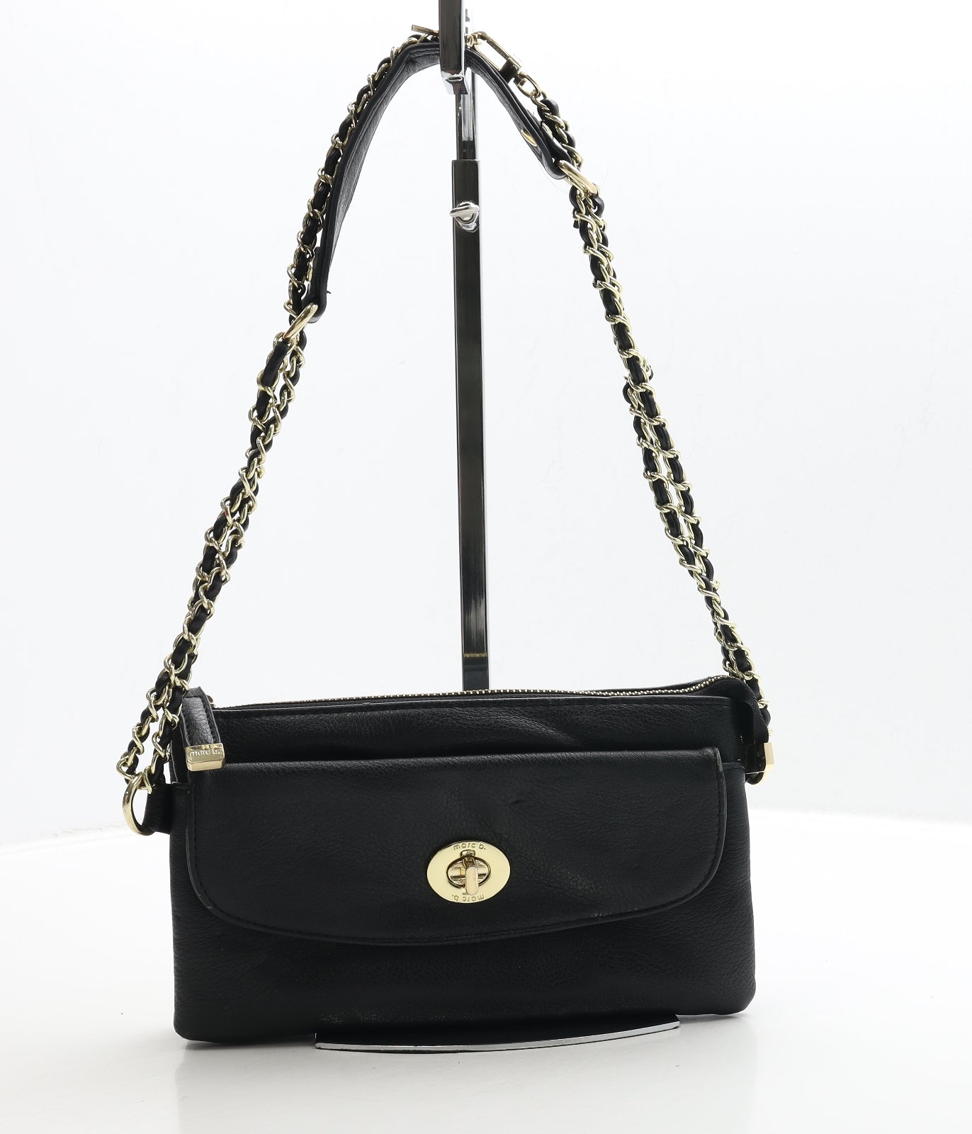 Marc B Womens Black Leather Shoulder Bag Size Small Turn Lock