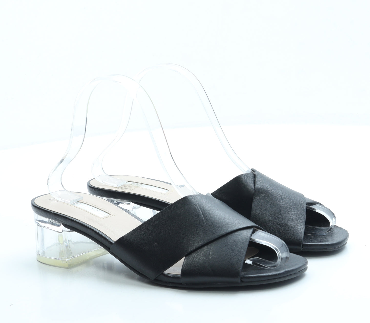 Primark Womens Black Leather Mule Heel UK 5 38 US 7 - Clear Heel