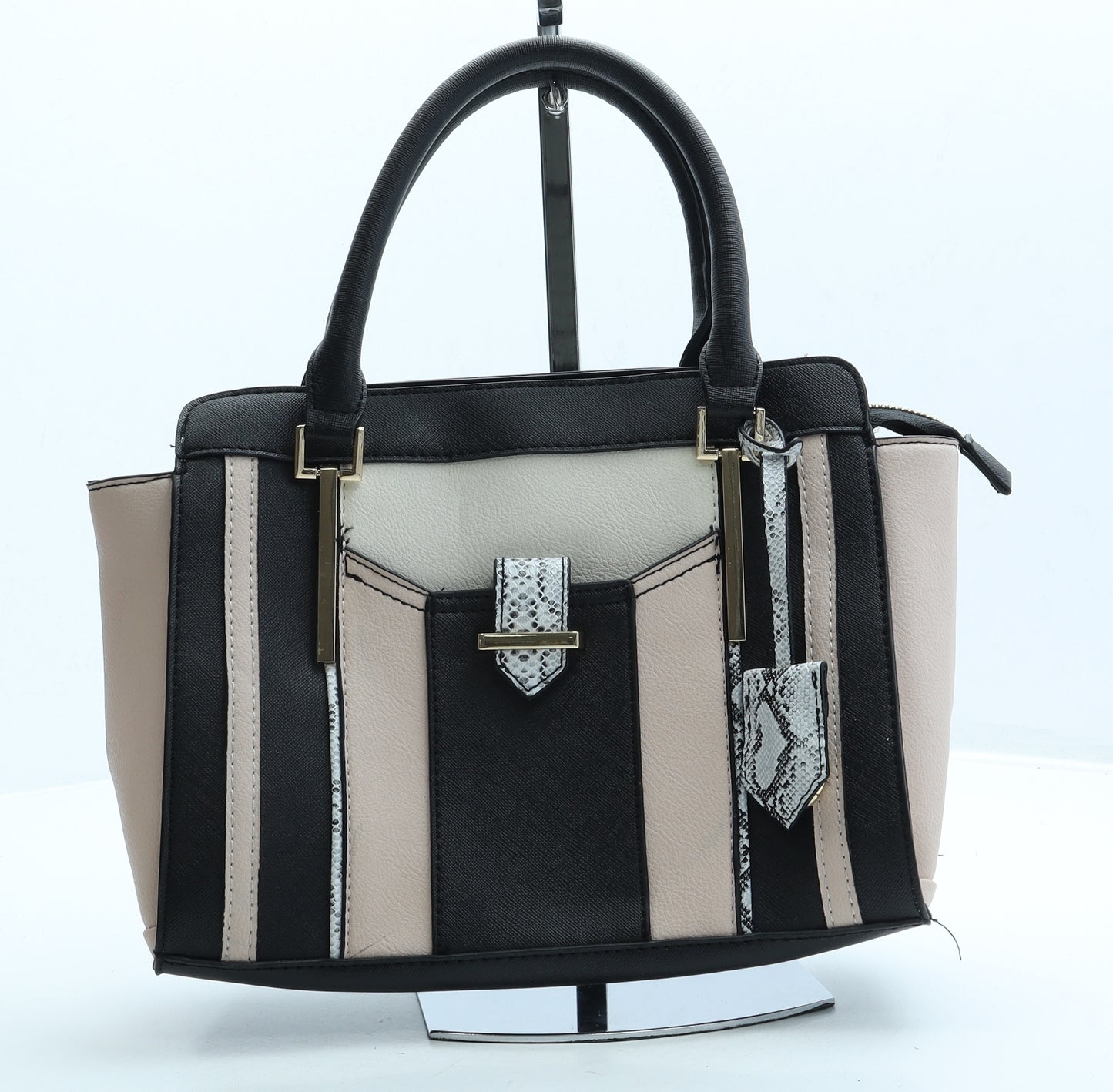 F&F Womens Black Striped Vinyl Shoulder Bag Size Small Zip