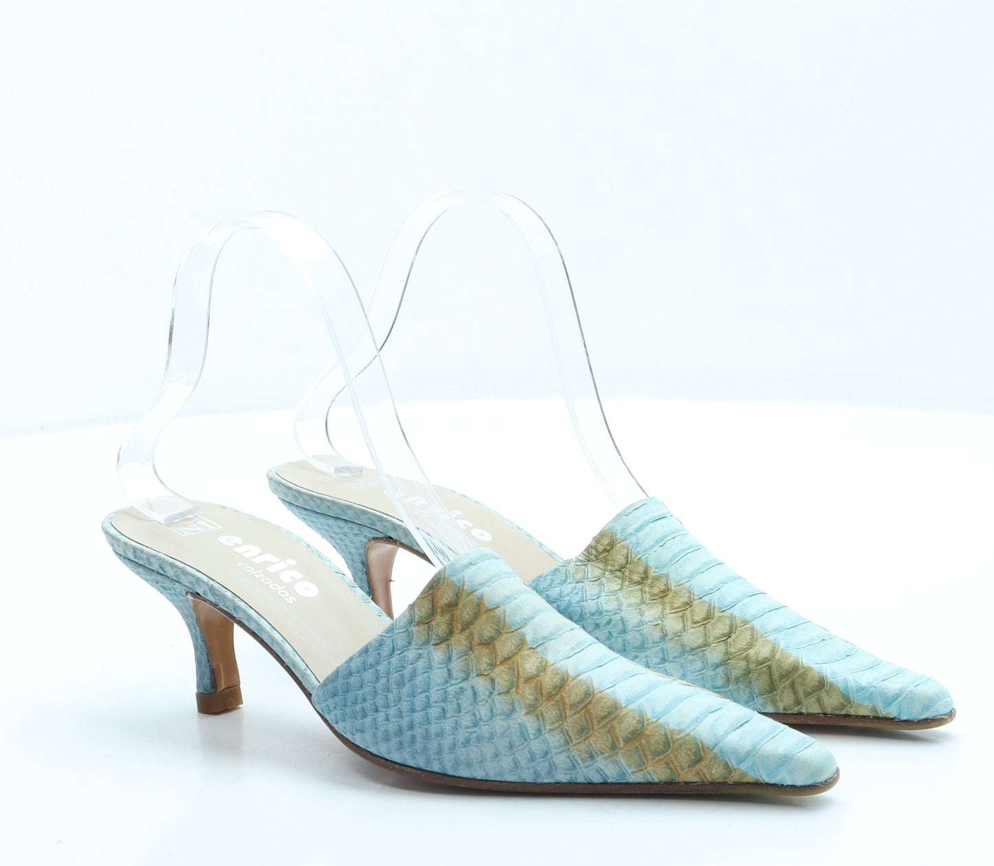 Enrico Womens Blue Animal Print Leather Mule Heel UK 4 37
