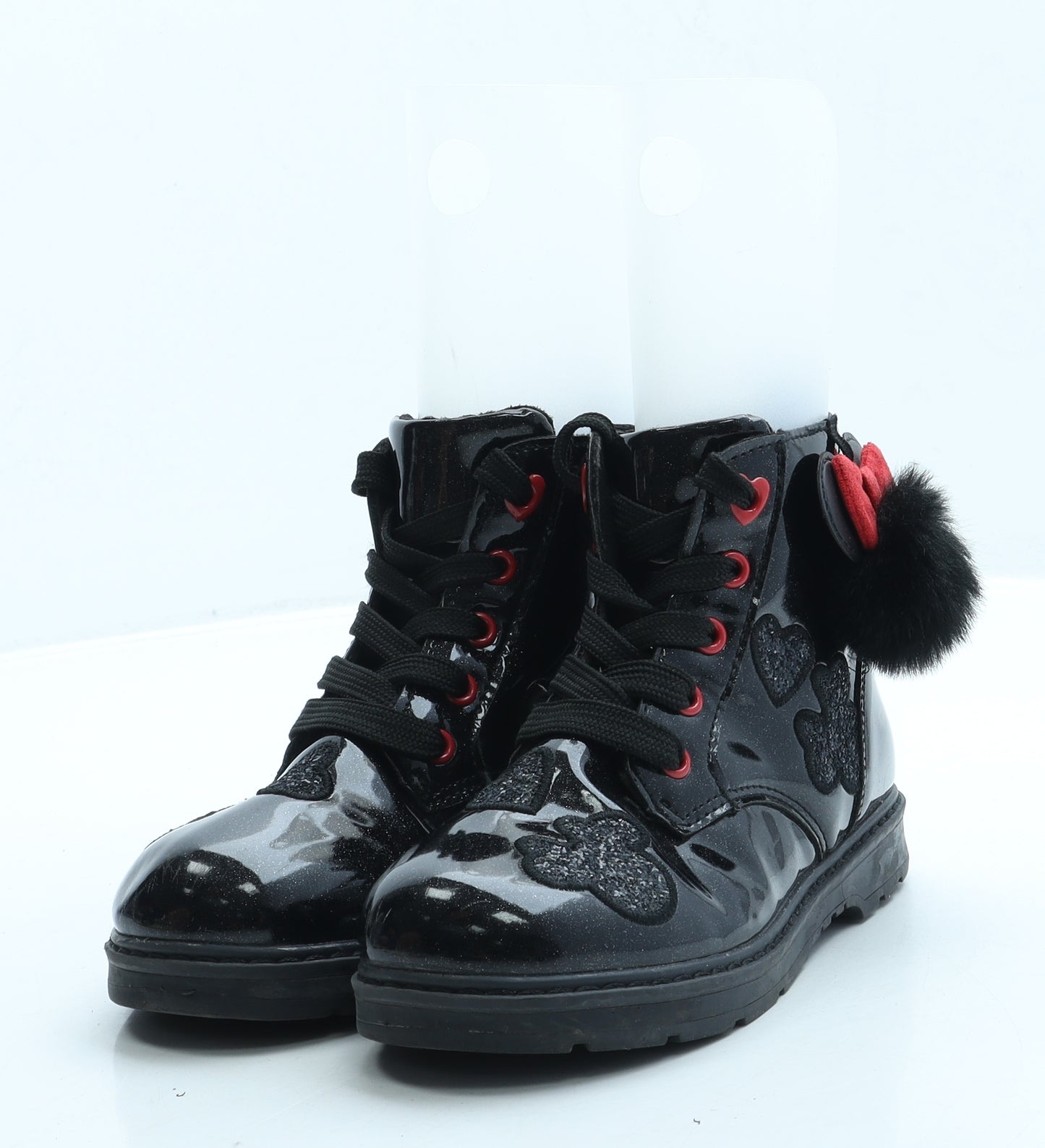 F&F Girls Black Leather Combat Boot UK 12 - Minnie Mouse