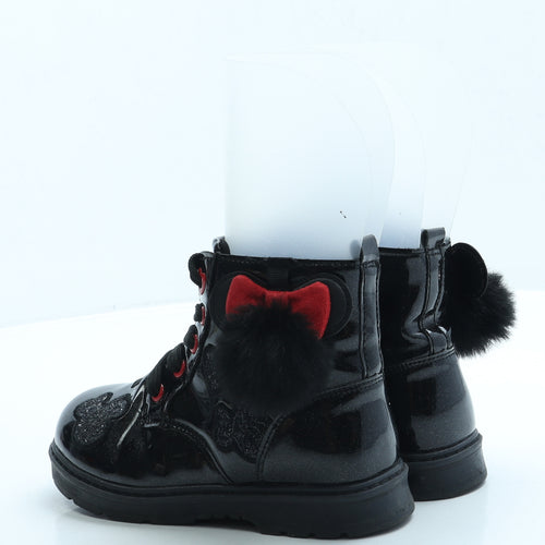 F&F Girls Black Leather Combat Boot UK 12 - Minnie Mouse