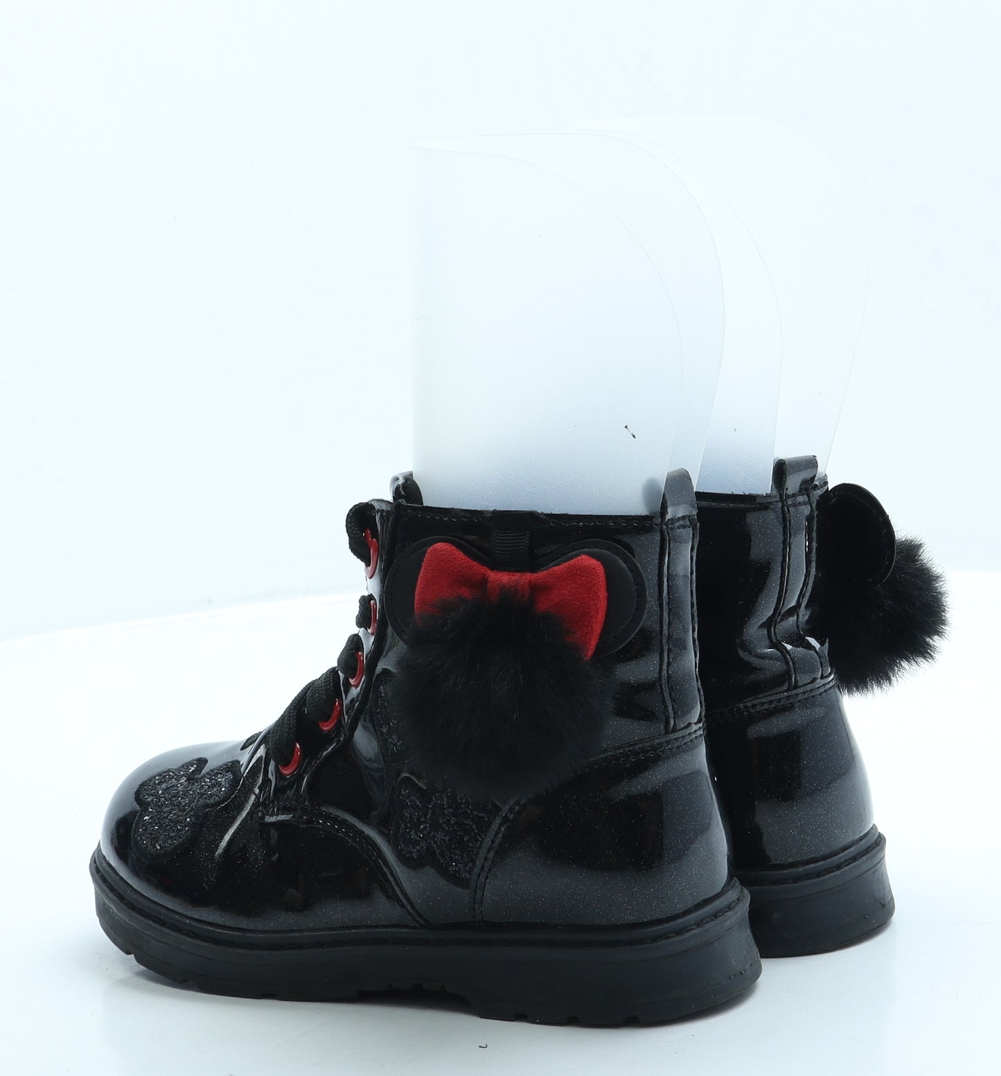 F&F Girls Black Leather Combat Boot UK 12 - Minnie Mouse