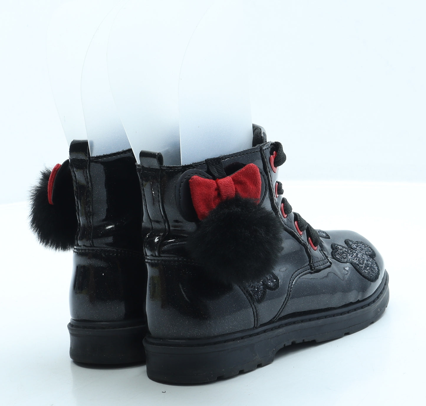 F&F Girls Black Leather Combat Boot UK 12 - Minnie Mouse