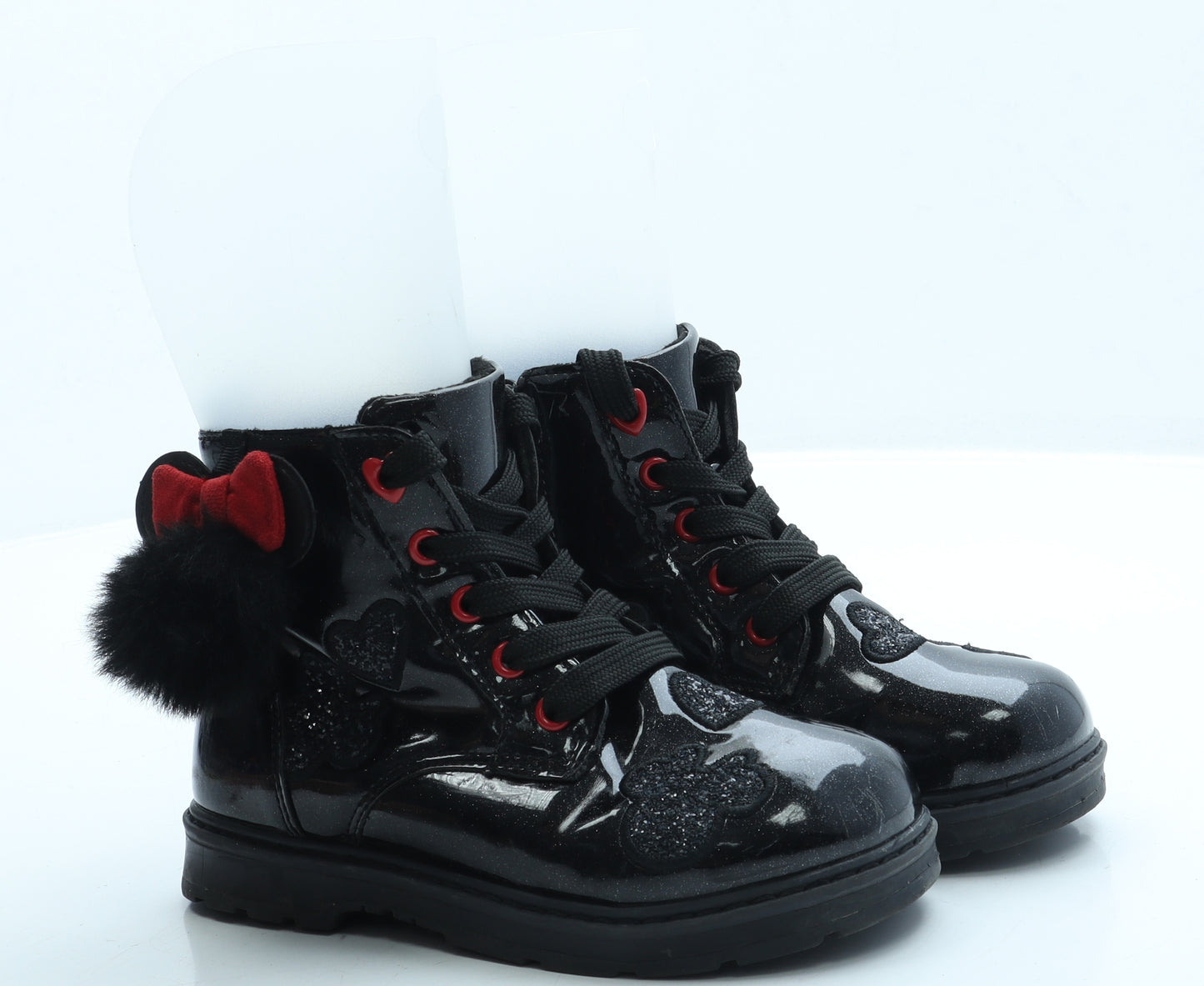 F&F Girls Black Leather Combat Boot UK 12 - Minnie Mouse