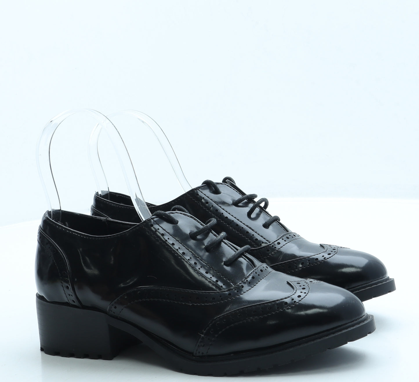 Marks and Spencer Womens Black Leather Flat UK 5 38 - Wide Fit / Brogue style