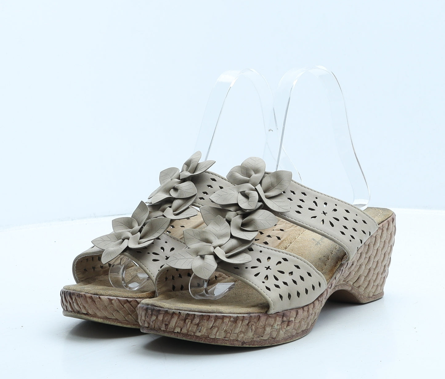 Preworn Womens Beige Geometric Leather Mule Heel UK 6 39 - Flowers